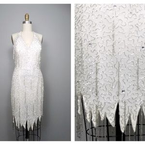 Size 1, 2White Fringe Beaded Dress Halter  Scalloped Hem Backless mini dress